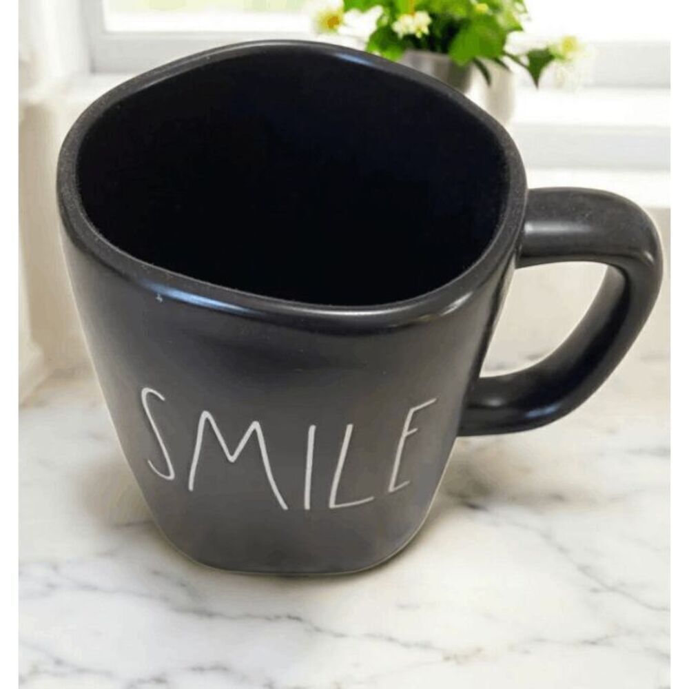Rae Dunn SMILE Coffee Mug Black Ceramic Mug with Handle Farmhouse Home Decor Mug